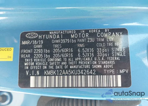2019 Hyundai Kona Se from USA, damaged, VIN KM8K12AA5KU342642